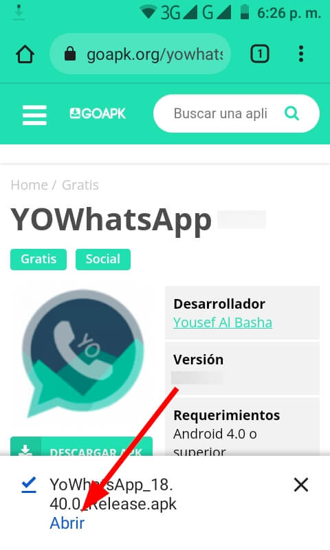 Pulsa en Abrir para instalar la última versión de YOWhatsApp